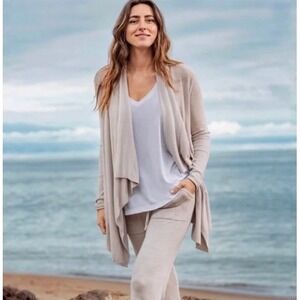 Barefoot Dreams CozyChic Lite Cardigan Stone Open Front Pockets Women's S/M EUC